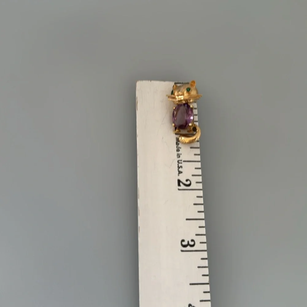 14k real solid gold amethyst emeralds eyes Cat brooch